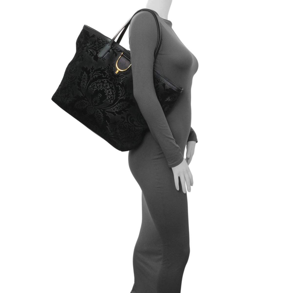 Gucci Black Nubuck Brocade Medium Soft Stirrup Tote