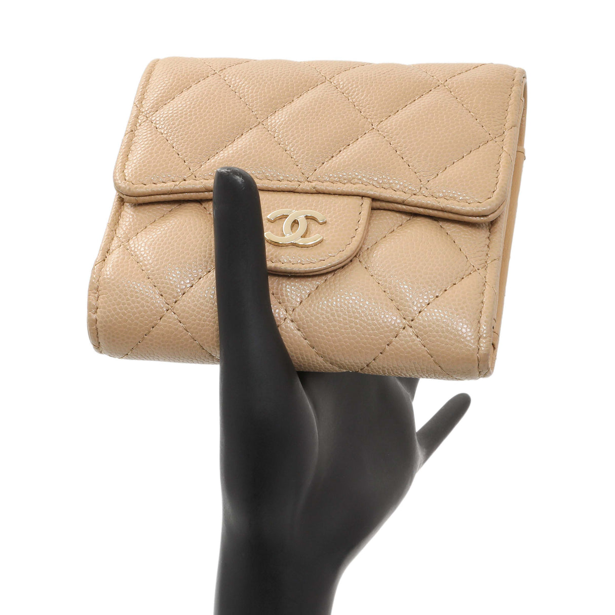 Chanel Beige Quilted Caviar Tri-Fold Wallet Accessories Chanel