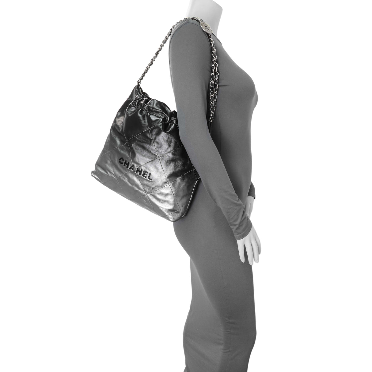 Chanel Black Silver Metallic Shaded Quilted Shiny Calfskin Small Chanel 22 Handbags Chanel