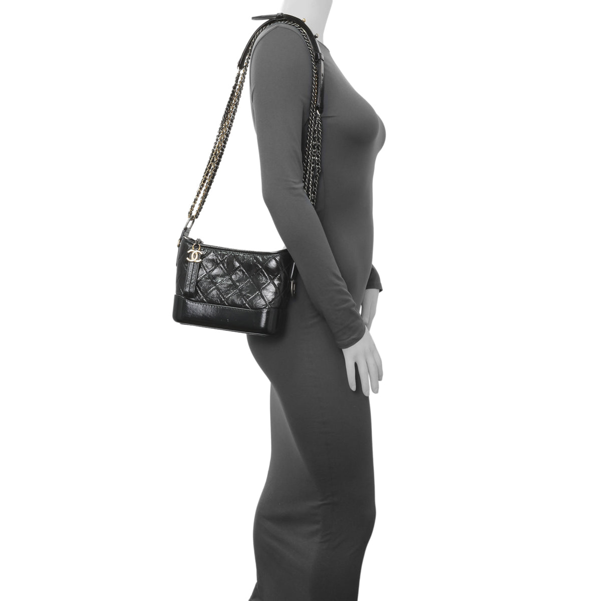 Chanel Shiny Black Aged Quilted Calfskin Small Gabrielle Hobo Handbags Chanel