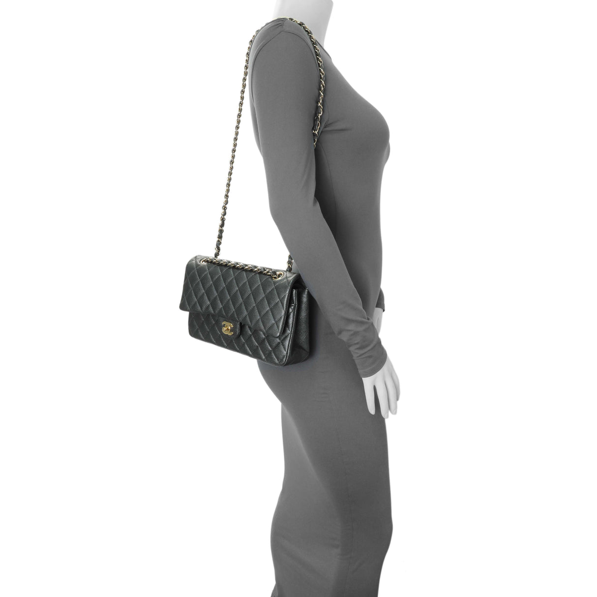Chanel Dark Grey Caviar Medium Classic Double Flap Handbags Chanel