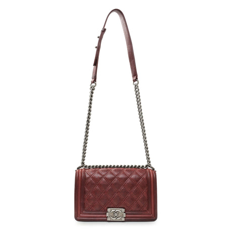 Chanel Burgundy Calfskin Double Stitch Medium Boy Flap Handbags Chanel