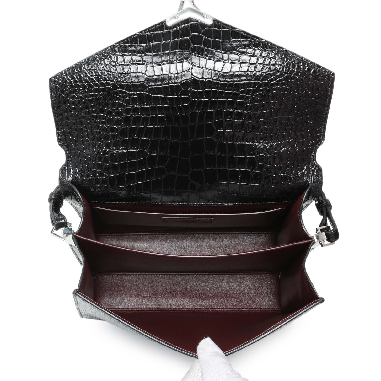 Saint Laurent Black Calfskin Crocodile Embossed Medium Cassandra Top Handle Handbags Saint Laurent