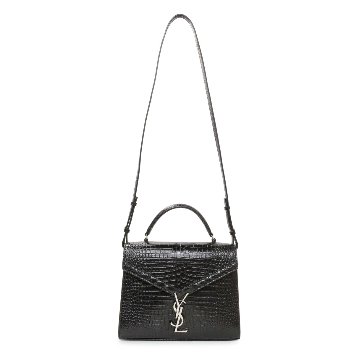 Saint Laurent Black Calfskin Crocodile Embossed Medium Cassandra Top Handle Handbags Saint Laurent