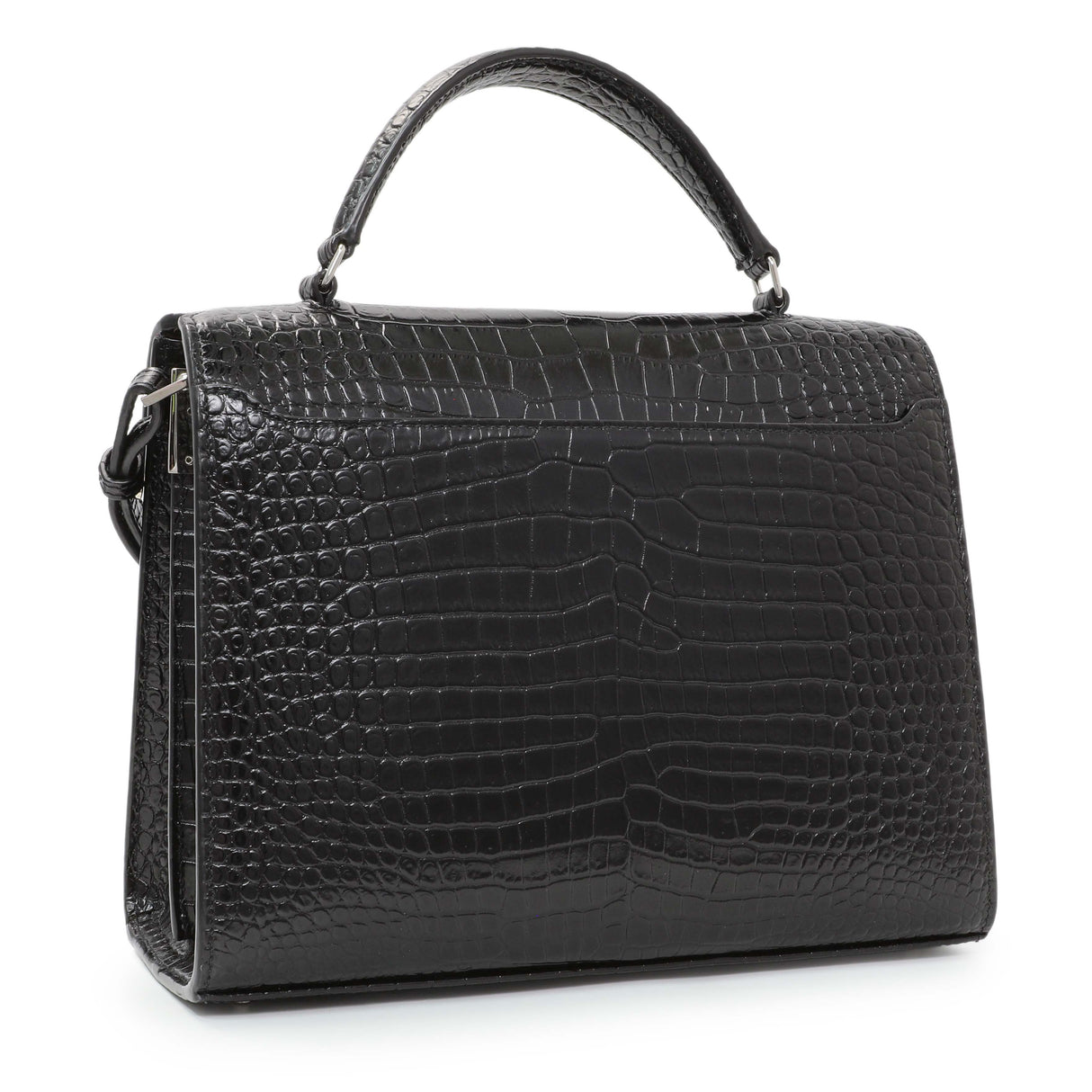 Saint Laurent Black Calfskin Crocodile Embossed Medium Cassandra Top Handle Handbags Saint Laurent