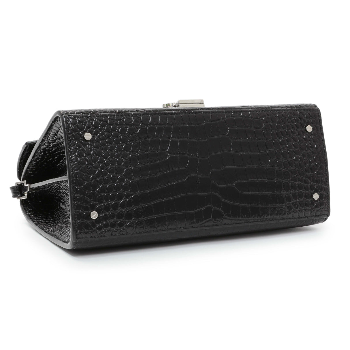 Saint Laurent Black Calfskin Crocodile Embossed Medium Cassandra Top Handle Handbags Saint Laurent