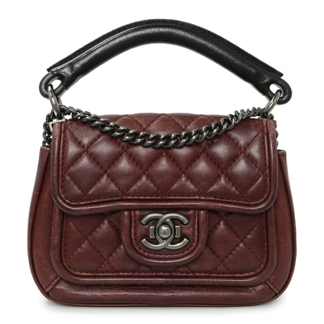 Chanel Burgundy Calfskin Quilted Small Prestige Top Handle Flap Handbags Chanel