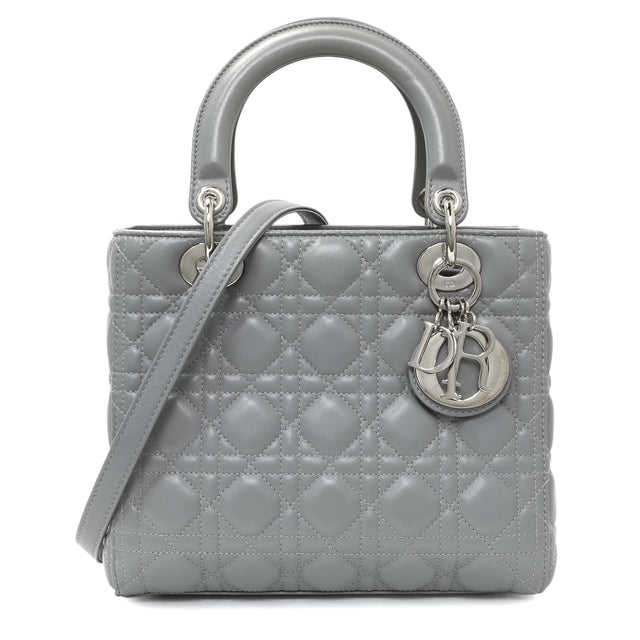 Christian Dior Grey Lambskin Cannage Medium Lady Dior Handbags Christian Dior