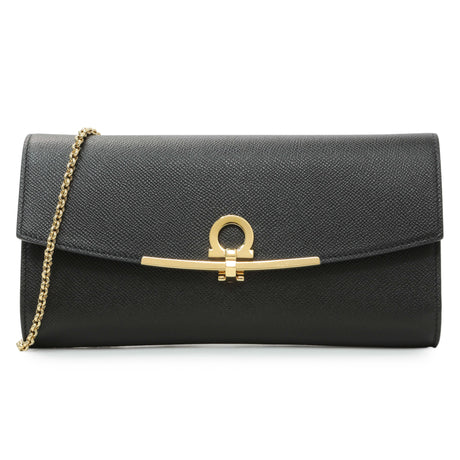 Salvatore Ferragamo Black Grained Calfskin Gancio Clasp Chain Clutch Handbags Salvatore Ferragamo