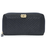 Chanel Navy Chevron Quilted Caviar Boy Long Zip Around Wallet Accessories Chanel