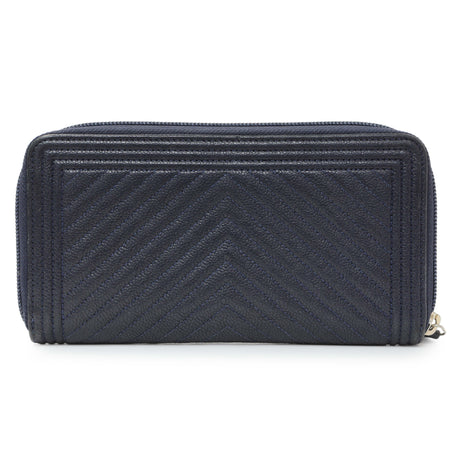 Chanel Navy Chevron Quilted Caviar Boy Long Zip Around Wallet