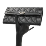 Chanel Black Quilted Caviar Large Boy Gusset Flap Wallet Accessories Chanel