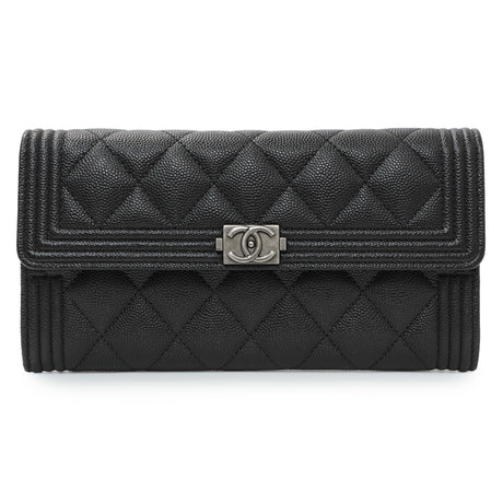 Chanel Black Quilted Caviar Large Boy Gusset Flap Wallet Accessories Chanel