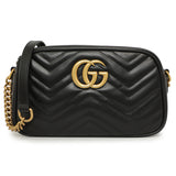 Gucci Black Calfskin Matelasse Small GG Marmont Chain Shoulder Bag