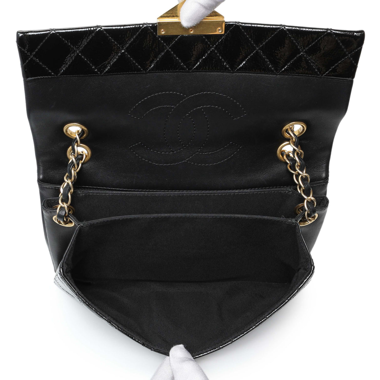 Chanel Black Quilted Patent Pagoda Accordion Flap
