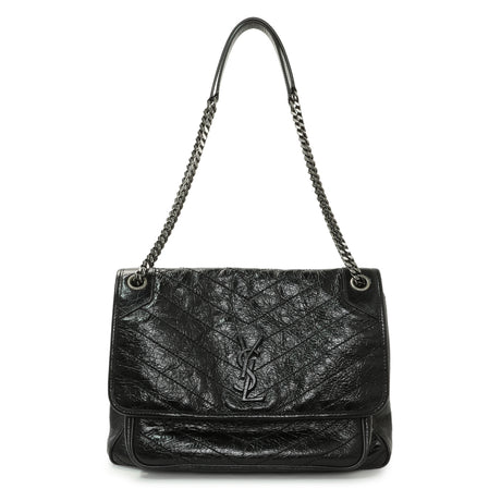Saint Laurent Black Crinkled Calfskin Matelasse Monogram Large Niki Chain Satchel Handbags Saint Laurent
