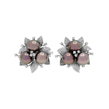 18K White Gold Trefoil Cluster Tahitian Pearl Floral Earrings Fine Jewellery Modaselle