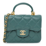 Chanel Teal Lambskin Top Handle Flap Coin Purse With Chain