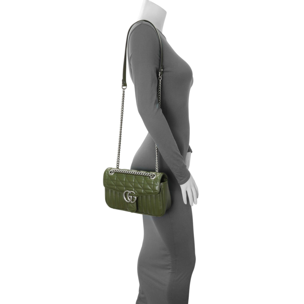 Gucci Green Calfskin Matelasse Aria Small GG Marmont Shoulder Bag Handbags Gucci