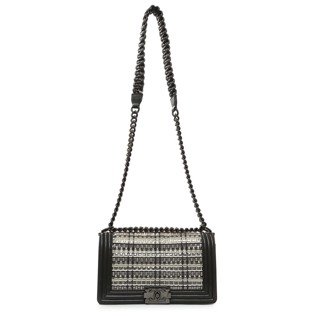 Chanel Black Calfskin Woven PVC Medium Boy Flap