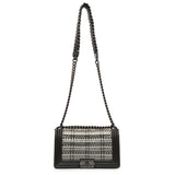 Chanel Black Calfskin Woven PVC Medium Boy Flap