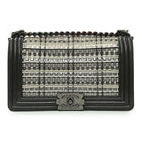 Chanel Black Calfskin Woven PVC Medium Boy Flap