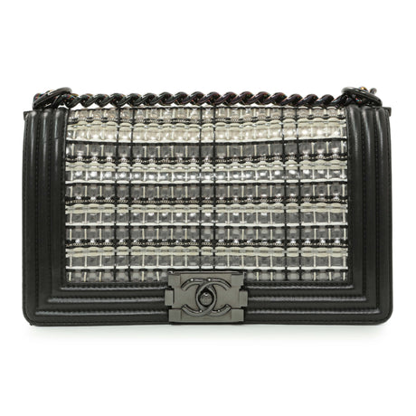 Chanel Black Calfskin Woven PVC Medium Boy Flap