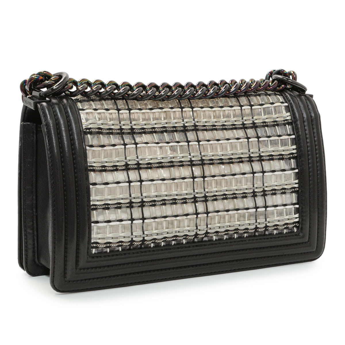 Chanel Black Calfskin Woven PVC Medium Boy Flap
