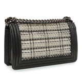Chanel Black Calfskin Woven PVC Medium Boy Flap