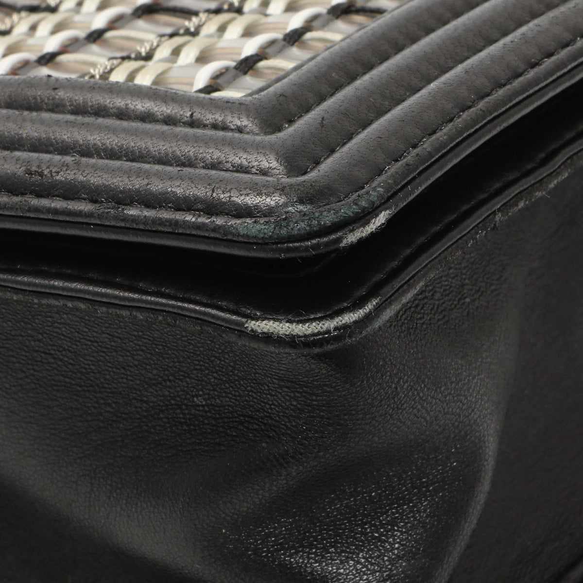 Chanel Black Calfskin Woven PVC Medium Boy Flap
