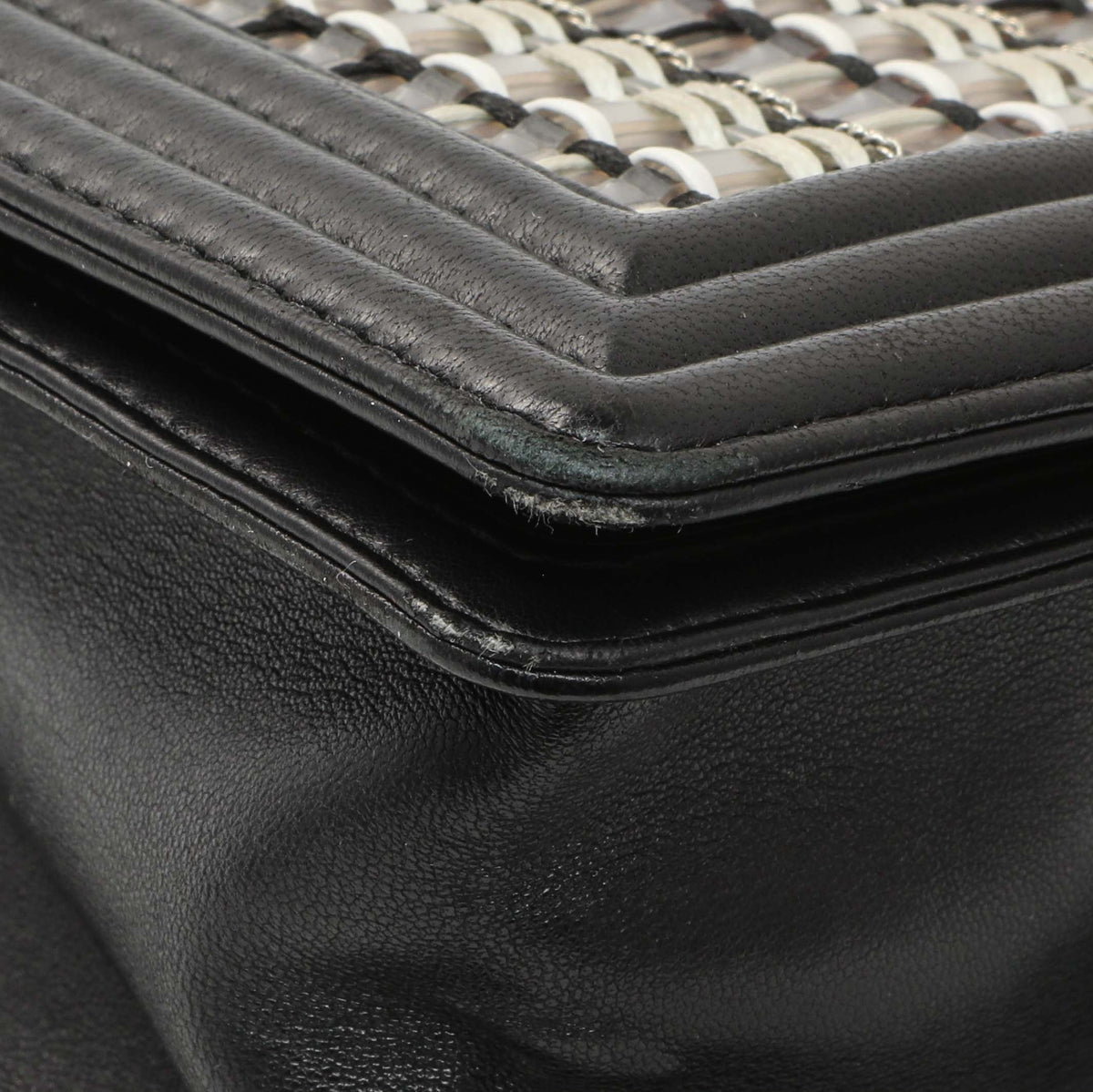 Chanel Black Calfskin Woven PVC Medium Boy Flap