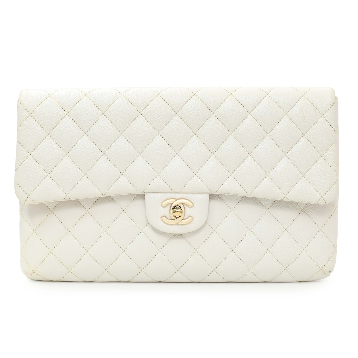 Chanel White Quilted Caviar Flap Clutch Handbags Chanel