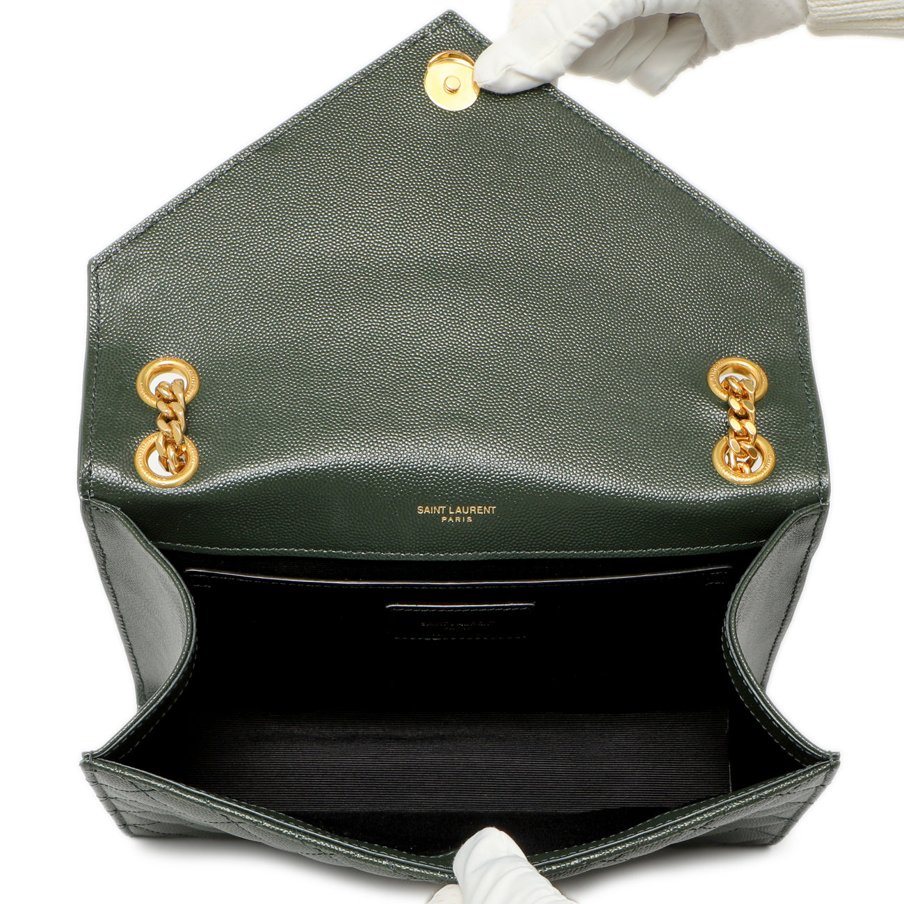 Saint Laurent Green Grain De Poudre Matelasse Chevron Medium