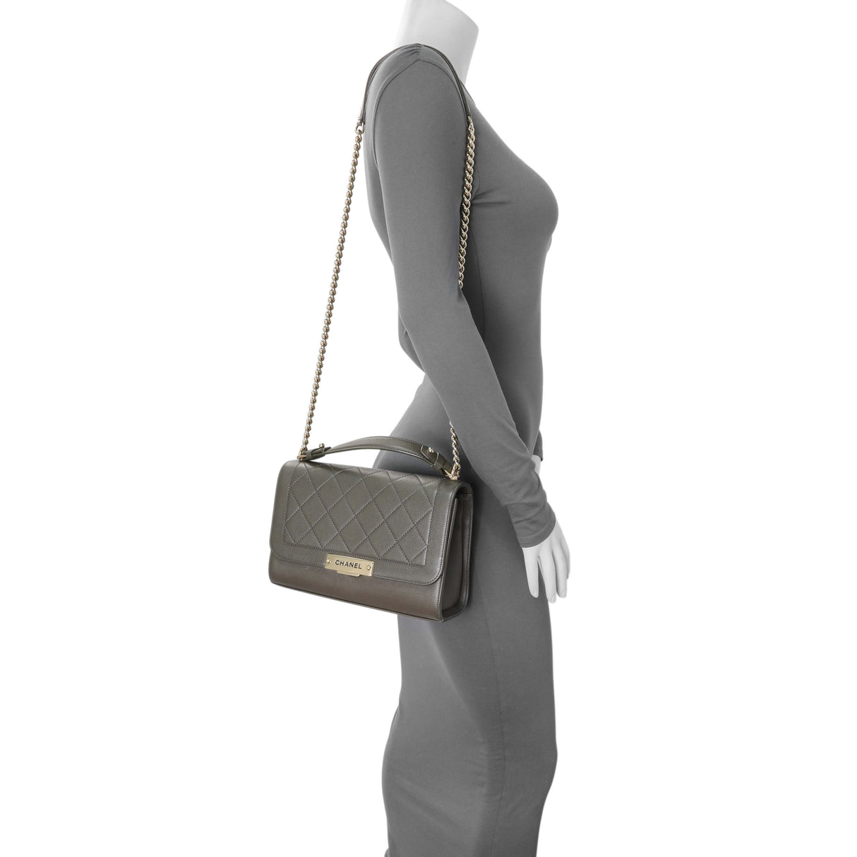 Chanel Khaki Grained Calfskin Quilted Medium Label Click Flap Handbags Chanel
