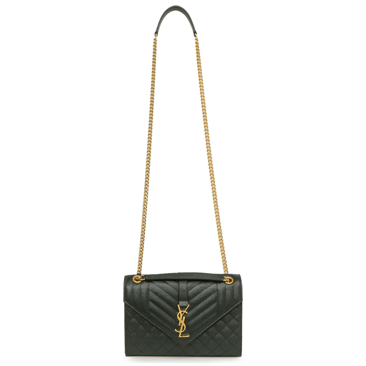 Saint Laurent Green Grain De Poudre Matelasse Chevron Medium Triquilt Monogram Satchel