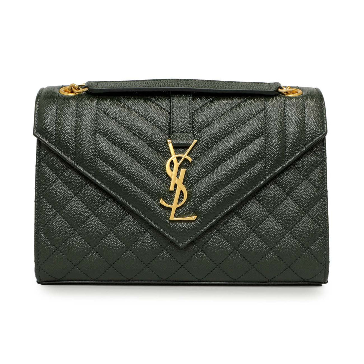 Saint Laurent Green Grain De Poudre Matelasse Chevron Medium Triquilt Monogram Satchel