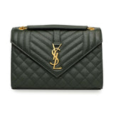 Saint Laurent Green Grain De Poudre Matelasse Chevron Medium Triquilt Monogram Satchel