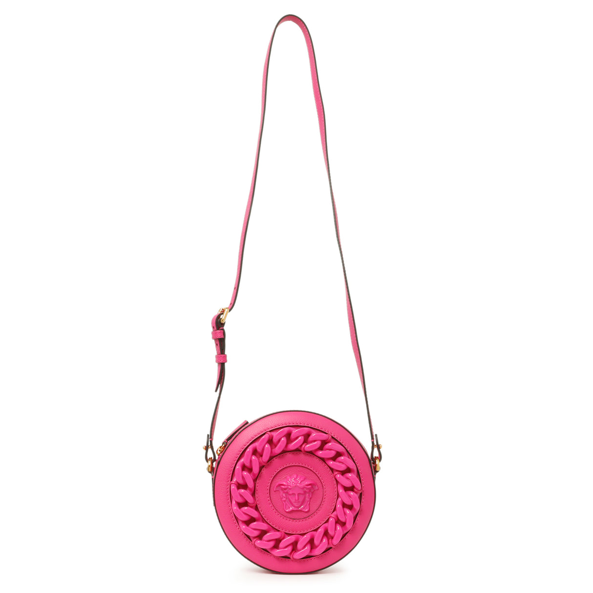 Versace Fuchsia Calfskin La Medusa Mini Round Disco Chain Crossbody Bag