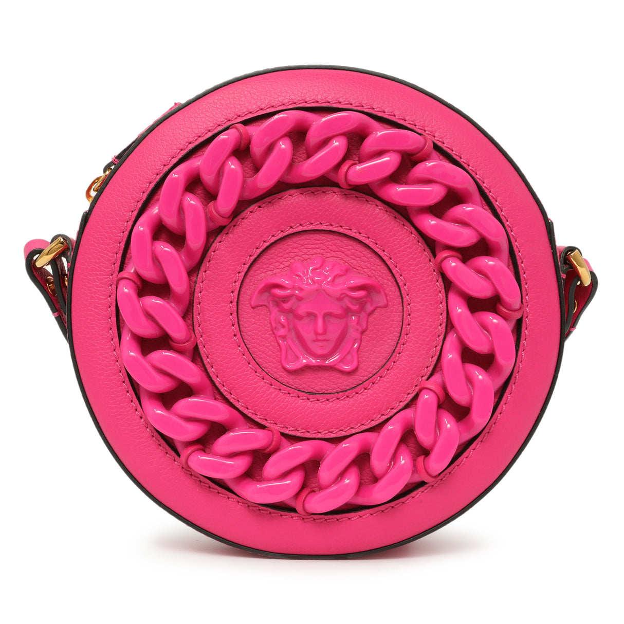 Versace Fuchsia Calfskin La Medusa Mini Round Disco Chain Crossbody Bag