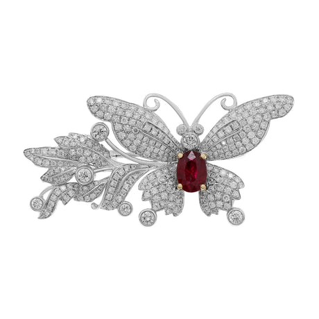 18K White Gold 0.78 Carat Ruby Diamond Butterfly Brooch Fine Jewellery Modaselle