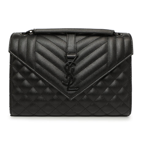 Saint Laurent Black Grain De Poudre Textured Mixed Matelasse Medium Triquilt Monogram Envelope Satchel