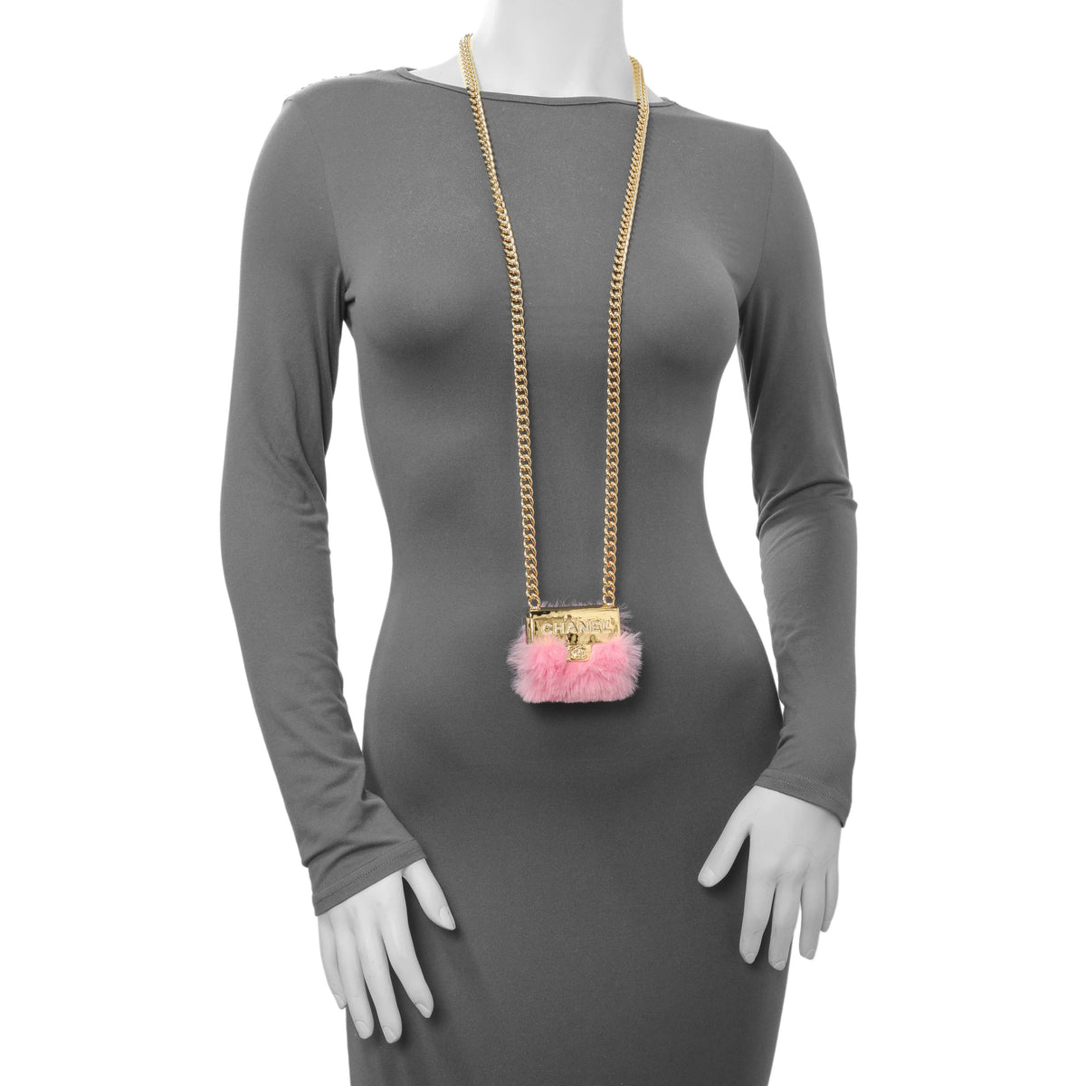 Chanel Pink and Gold Metal Fur Flap Bag Long Necklace Designer Jewellery Chanel