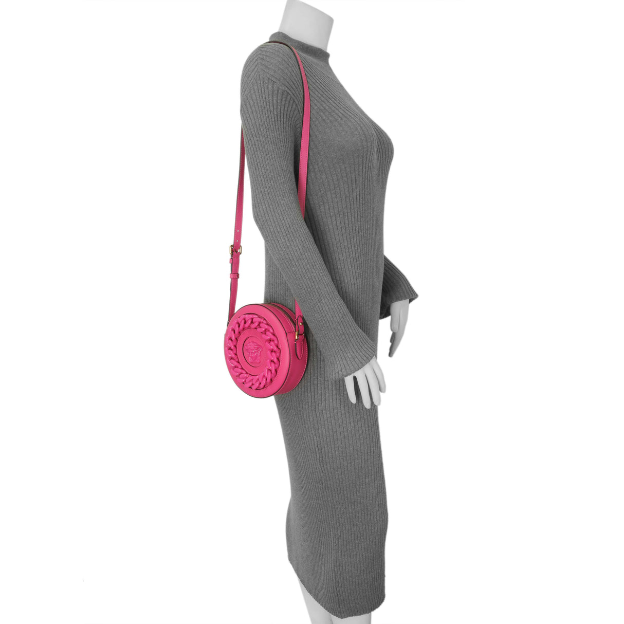 Versace Fuchsia Calfskin La Medusa Mini Round Disco Chain Crossbody Bag