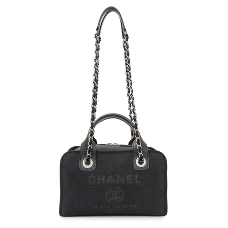 Chanel Navy Canvas Small Deauville Two Way Chain Bowling Bag Handbags Chanel