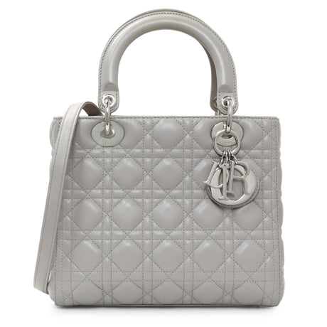 Christian Dior Grey Lambskin Cannage Medium Lady Dior Handbags Christian Dior