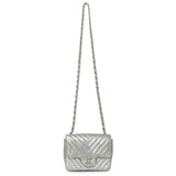 Chanel Silver Metallic Patent Crumpled Calfskin Chevron Quilted Mini Square Flap