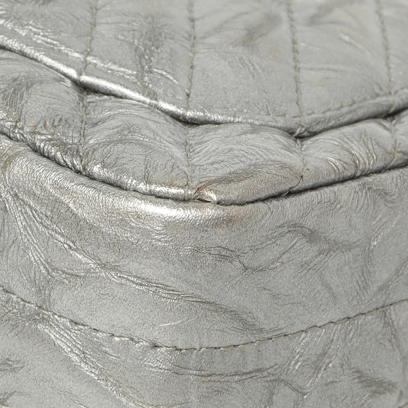 Chanel Silver Metallic Patent Crumpled Calfskin Chevron Quilted