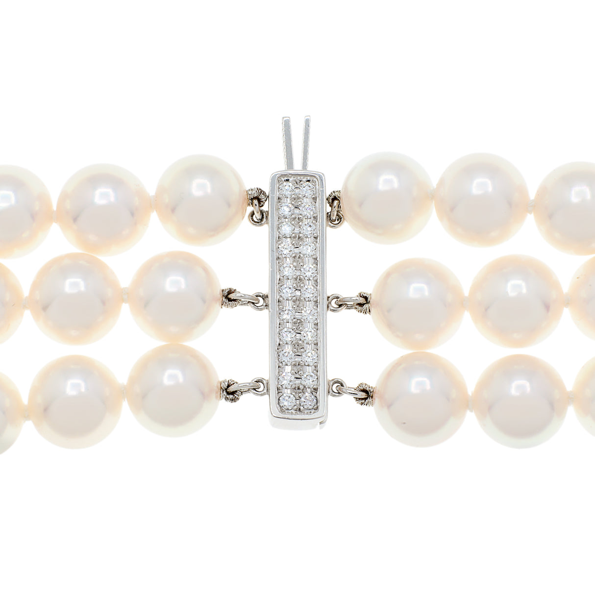 Mikimoto 18K White Gold Diamond Pearl Triple Strand Necklace Designer Jewellery Mikimoto