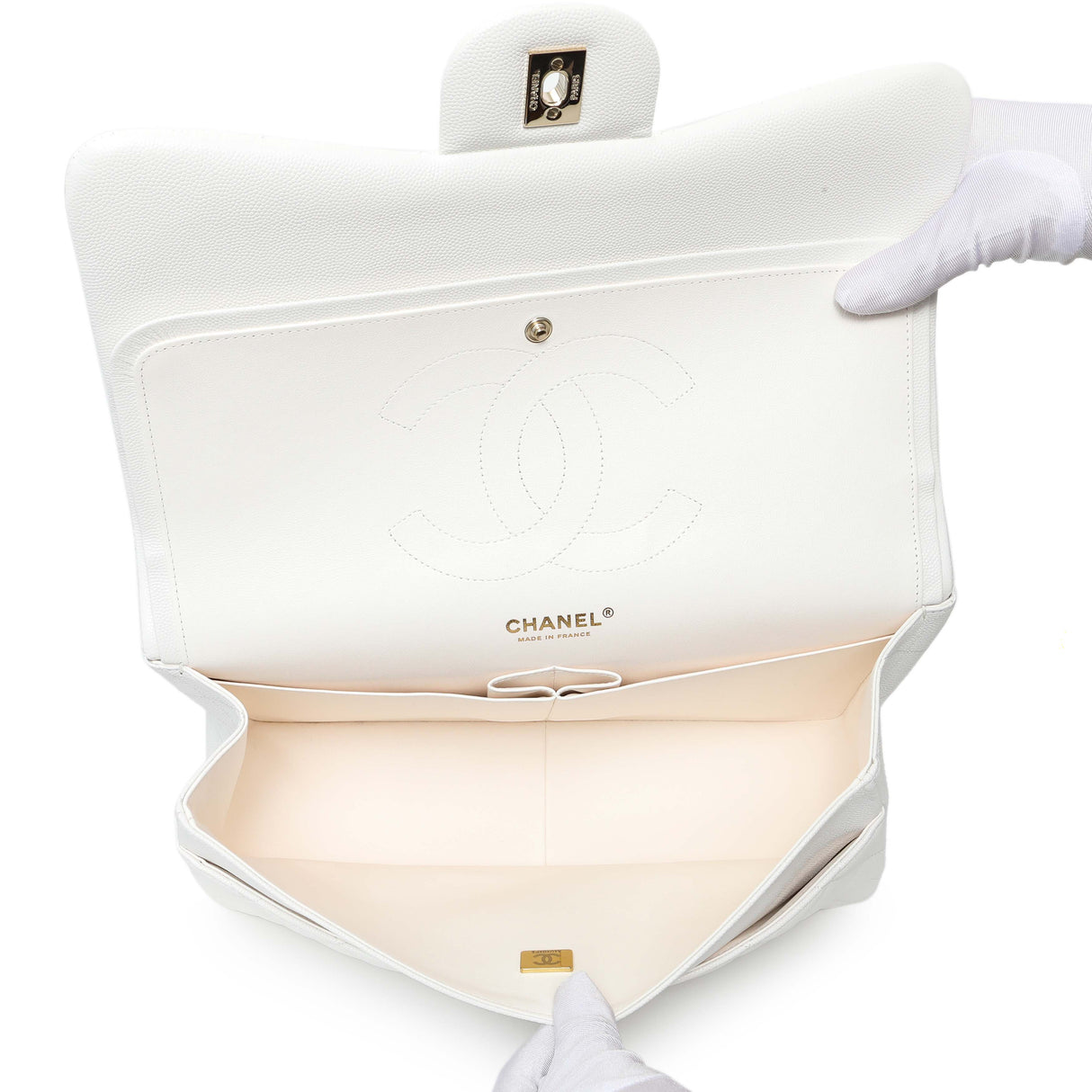 Chanel White Quilted Caviar Jumbo Double Flap Handbags Chanel