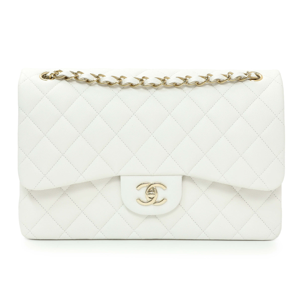 Chanel White Quilted Caviar Jumbo Double Flap Handbags Chanel